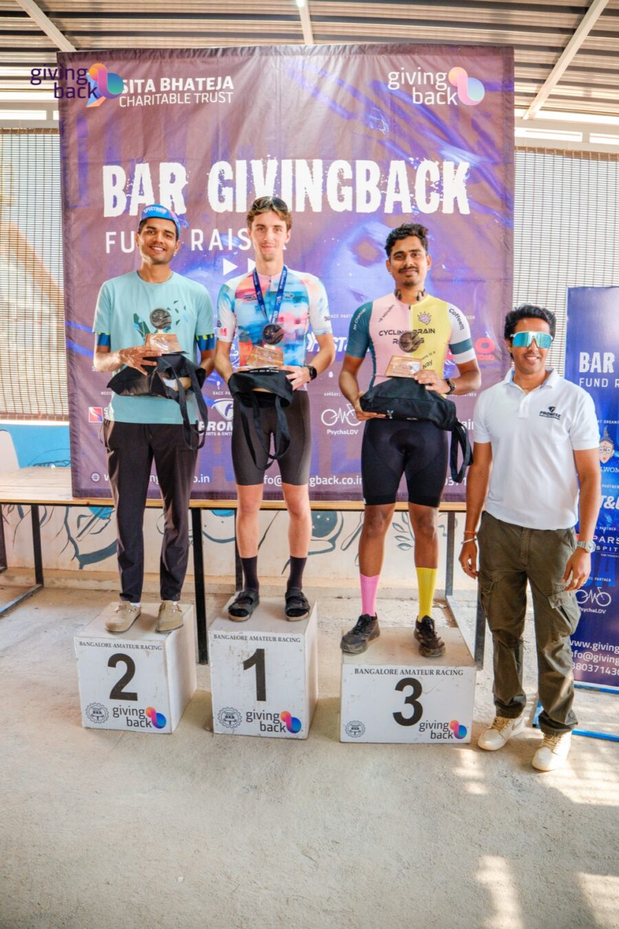 BAR Giving Back Duathlon 2026 podium in Bangalore: P1 Alban, P2 Ravi, P3 Gautham